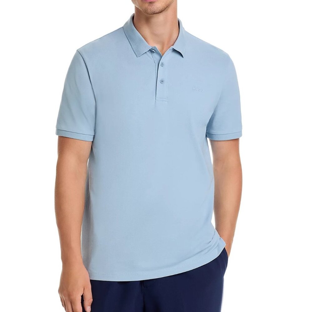 Hugo Boss Men's HUGO Donos Logo Pique Cotton SS Polo Shirt Regular Fit Open Blue